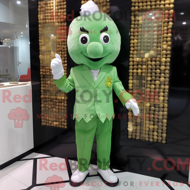 Mascot character of a Green Dim Sum dressed with a Playsuit and Cufflinks Mascot character of a Green Dim Sum dressed with a Playsuit and Cufflinks