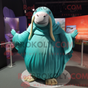 Mascot character of a Teal Walrus dressed with a Circle Skirt and Wraps