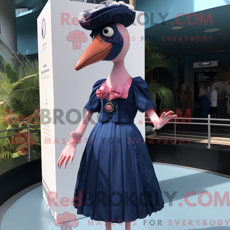 Mascot character of a Navy Flamingo dressed with a Empire Waist Dress and Cummerbunds Mascot character of a Navy Flamingo dressed with a Empire Waist Dress and Cummerbunds