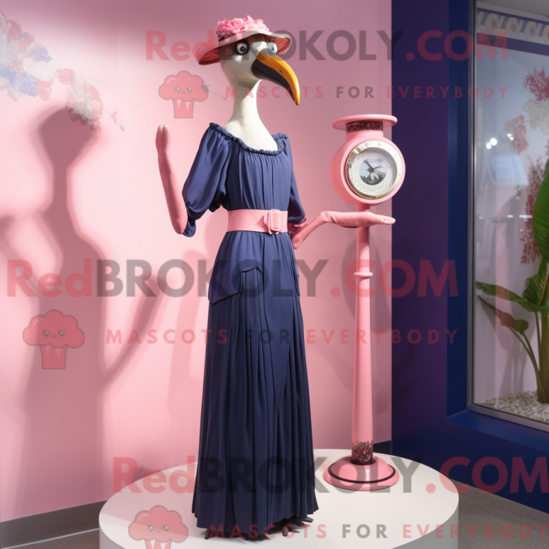 Mascot character of a Navy Flamingo dressed with a Empire Waist Dress and Cummerbunds Mascot character of a Navy Flamingo dressed with a Empire Waist Dress and Cummerbunds