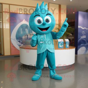 Teal Ice mascot costume character dressed with a Capri Pants and Watches