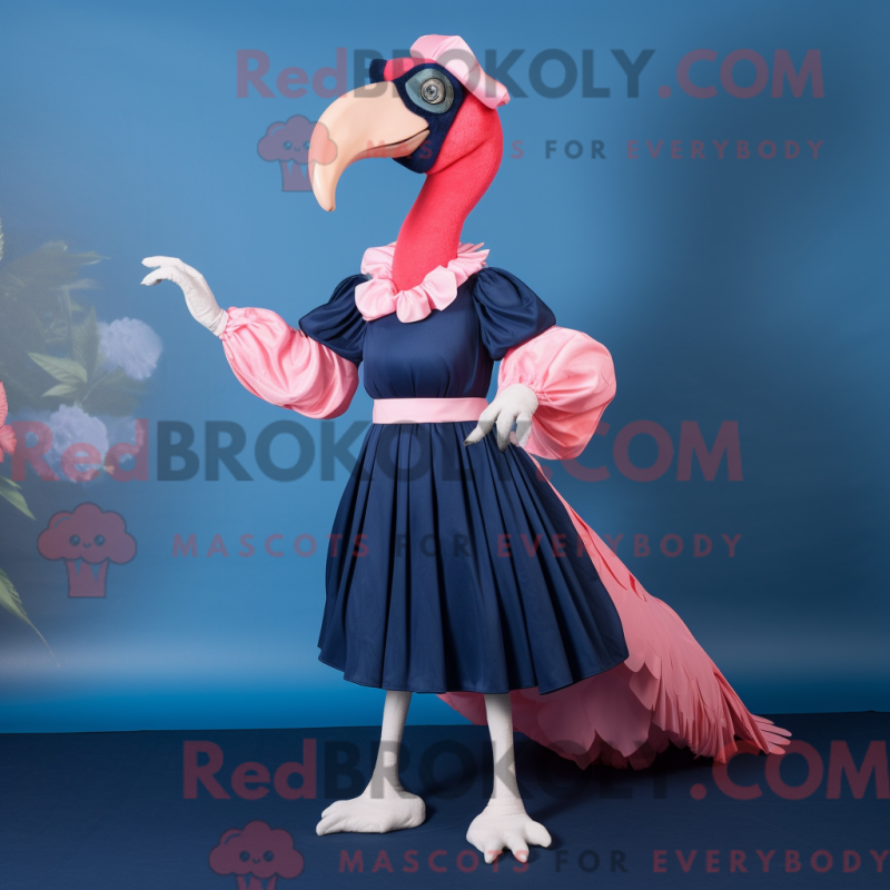 Mascot character of a Navy Flamingo dressed with a Empire Waist Dress and Cummerbunds Mascot character of a Navy Flamingo dressed with a Empire Waist Dress and Cummerbunds