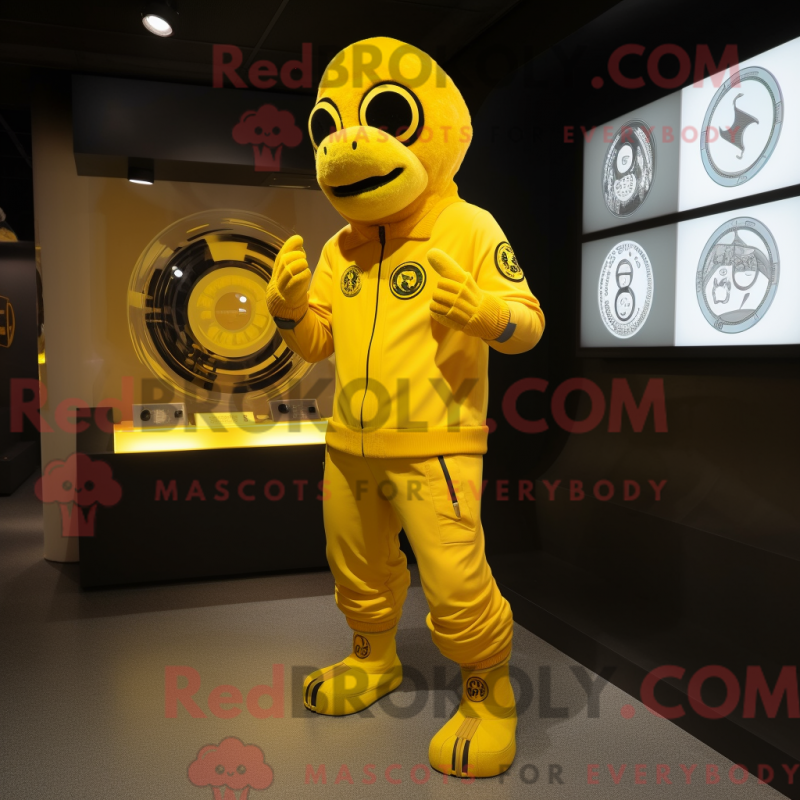 Mascot character of a Yellow Commando dressed with a Joggers and Rings Mascot character of a Yellow Commando dressed with a Joggers and Rings