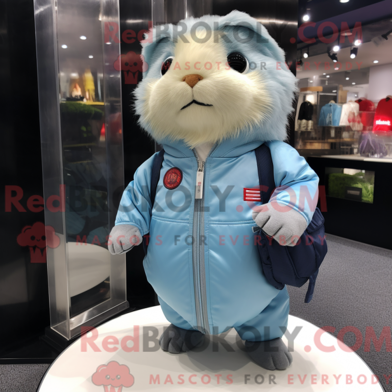 Mascot character of a Sky Blue Guinea Pig dressed with a Bomber Jacket and Clutch bags Mascot character of a Sky Blue Guinea Pig dressed with a Bomber Jacket and Clutch bags