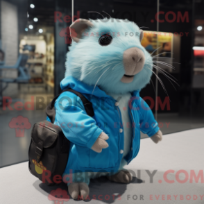 Mascot character of a Sky Blue Guinea Pig dressed with a Bomber Jacket and Clutch bags