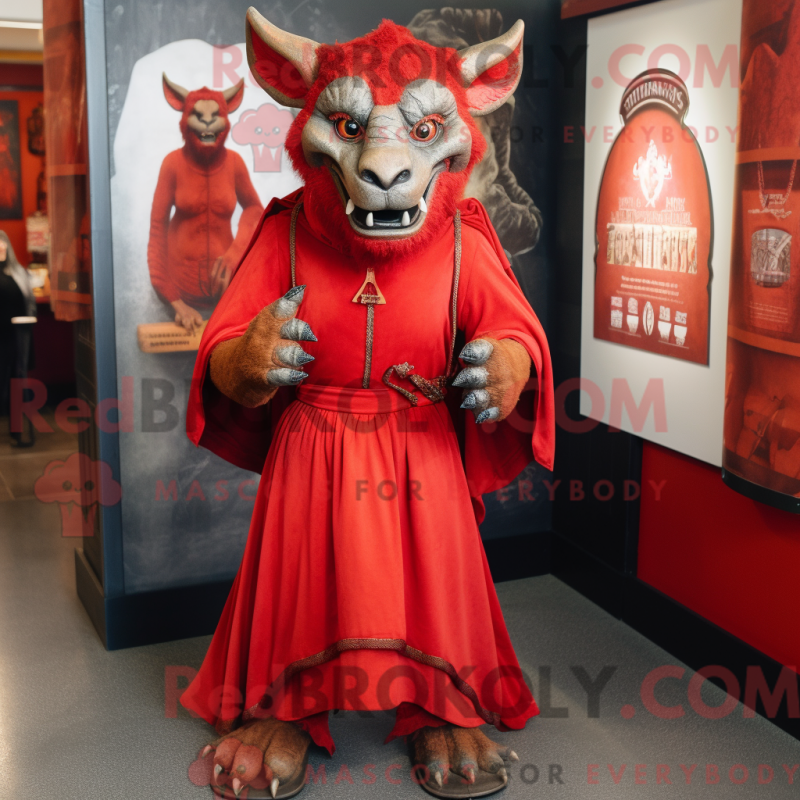 Mascot character of a Red Gargoyle dressed with a Empire Waist Dress and Backpacks Mascot character of a Red Gargoyle dressed with a Empire Waist Dress and Backpacks