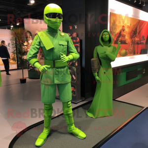 Lime Green Gi Joe mascot costume character dressed with a Wrap Dress and Anklets