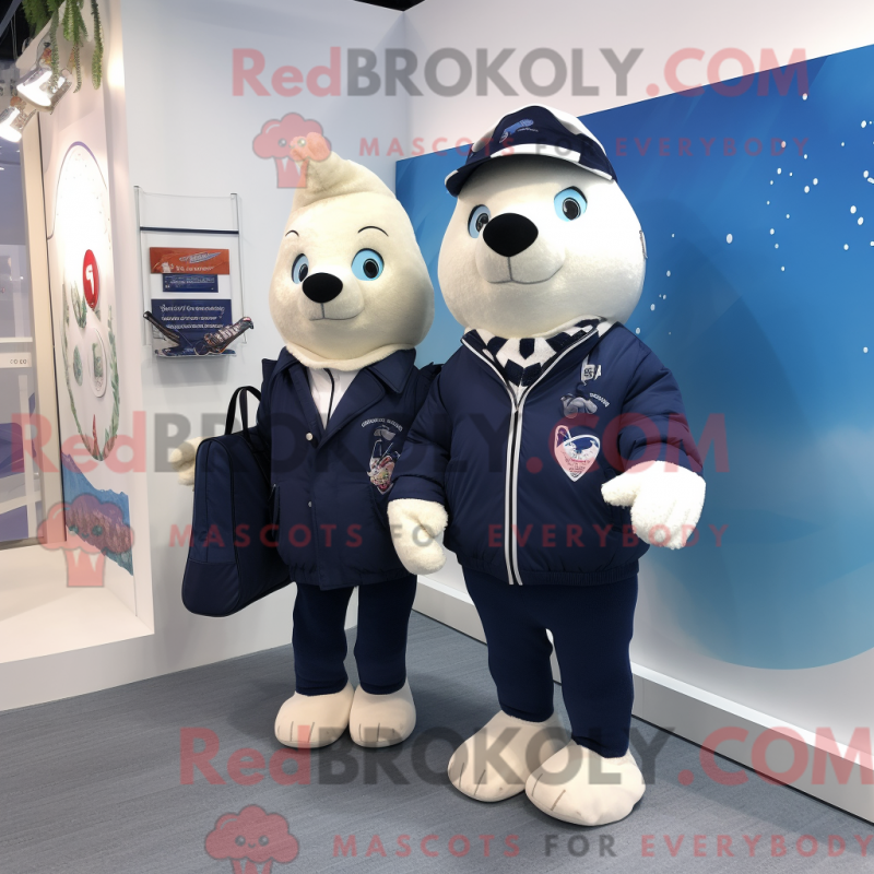 Mascot character of a Navy Pair Of Ice Skates dressed with a Waistcoat and Tote bags Mascot character of a Navy Pair Of Ice Skates dressed with a Waistcoat and Tote bags
