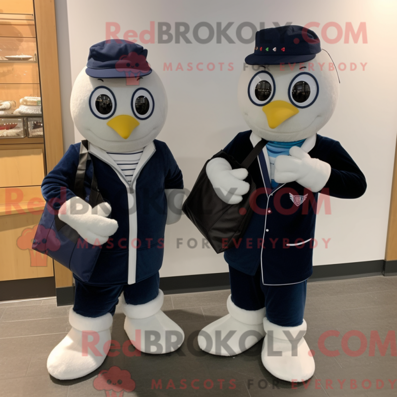 Mascot character of a Navy Pair Of Ice Skates dressed with a Waistcoat and Tote bags Mascot character of a Navy Pair Of Ice Skates dressed with a Waistcoat and Tote bags