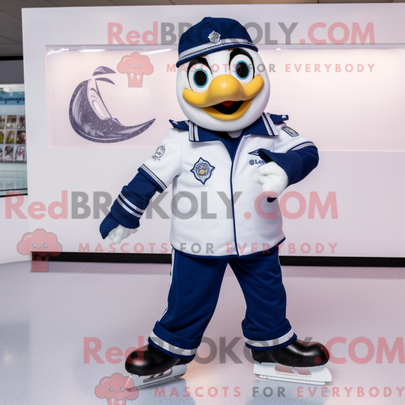 Mascot character of a Navy Pair Of Ice Skates dressed with a Waistcoat and Tote bags Mascot character of a Navy Pair Of Ice Skates dressed with a Waistcoat and Tote bags