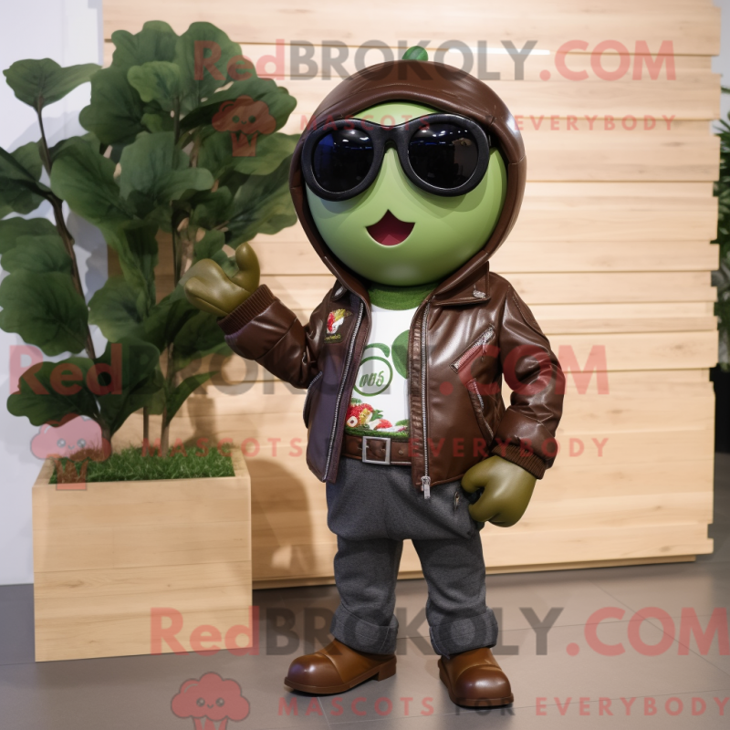Mascot character of a Olive Raspberry dressed with a Leather Jacket and Sunglasses Mascot character of a Olive Raspberry dressed with a Leather Jacket and Sunglasses