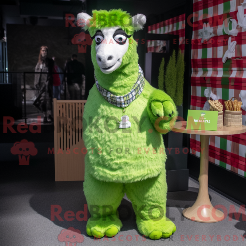 Mascot character of a Lime Green Llama dressed with a Flannel Shirt and Coin purses Mascot character of a Lime Green Llama dressed with a Flannel Shirt and Coin purses