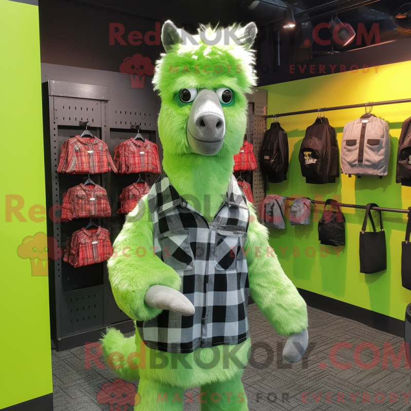 Mascot character of a Lime Green Llama dressed with a Flannel Shirt and Coin purses Mascot character of a Lime Green Llama dressed with a Flannel Shirt and Coin purses
