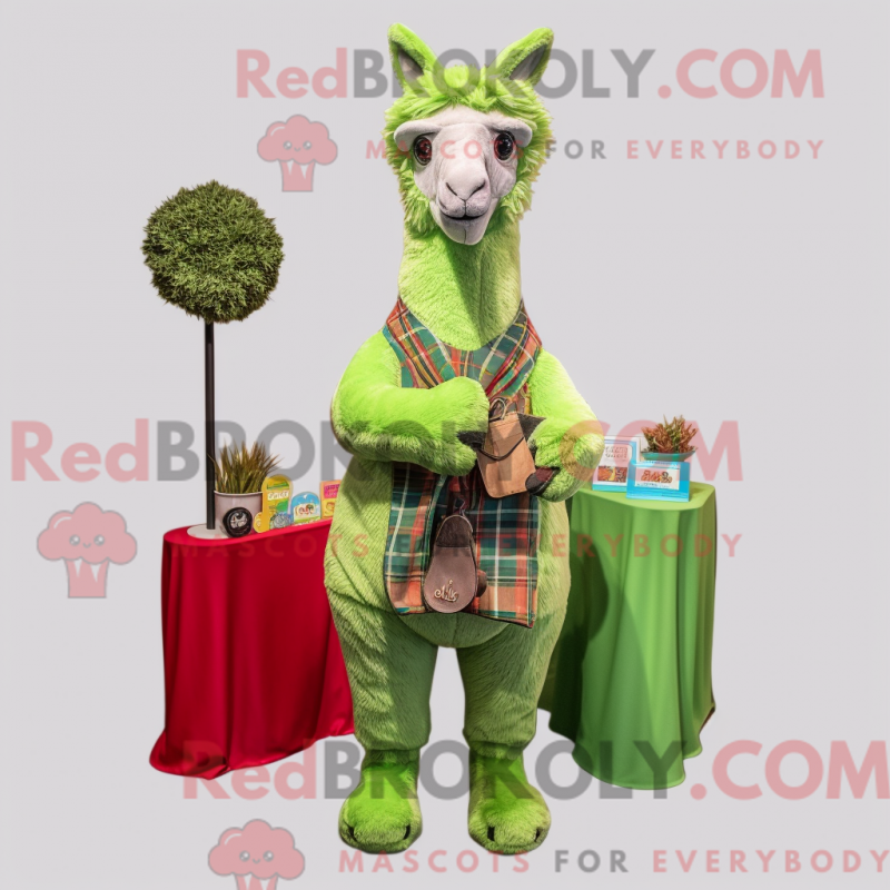 Mascot character of a Lime Green Llama dressed with a Flannel Shirt and Coin purses Mascot character of a Lime Green Llama dressed with a Flannel Shirt and Coin purses