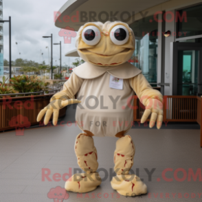 Mascot character of a Beige Crab dressed with a Romper and Mittens