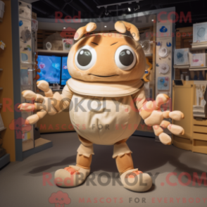 Mascot character of a Beige Crab dressed with a Romper and Mittens