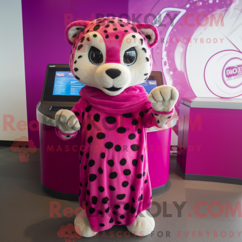 Mascot character of a Magenta Cheetah dressed with a Midi Dress and Shawl pins Mascot character of a Magenta Cheetah dressed with a Midi Dress and Shawl pins