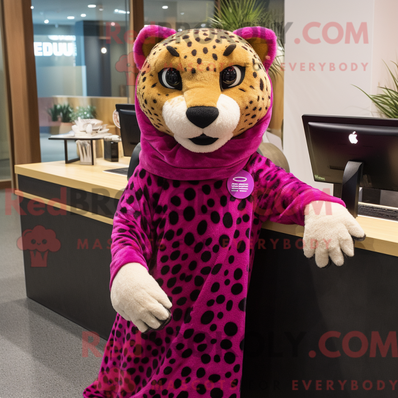 Mascot character of a Magenta Cheetah dressed with a Midi Dress and Shawl pins Mascot character of a Magenta Cheetah dressed with a Midi Dress and Shawl pins