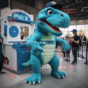 Cyan T Rex mascot costume character dressed with a Graphic Tee and Watches