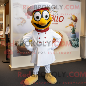 Mascot character of a White Paella dressed with a Chinos and Brooches