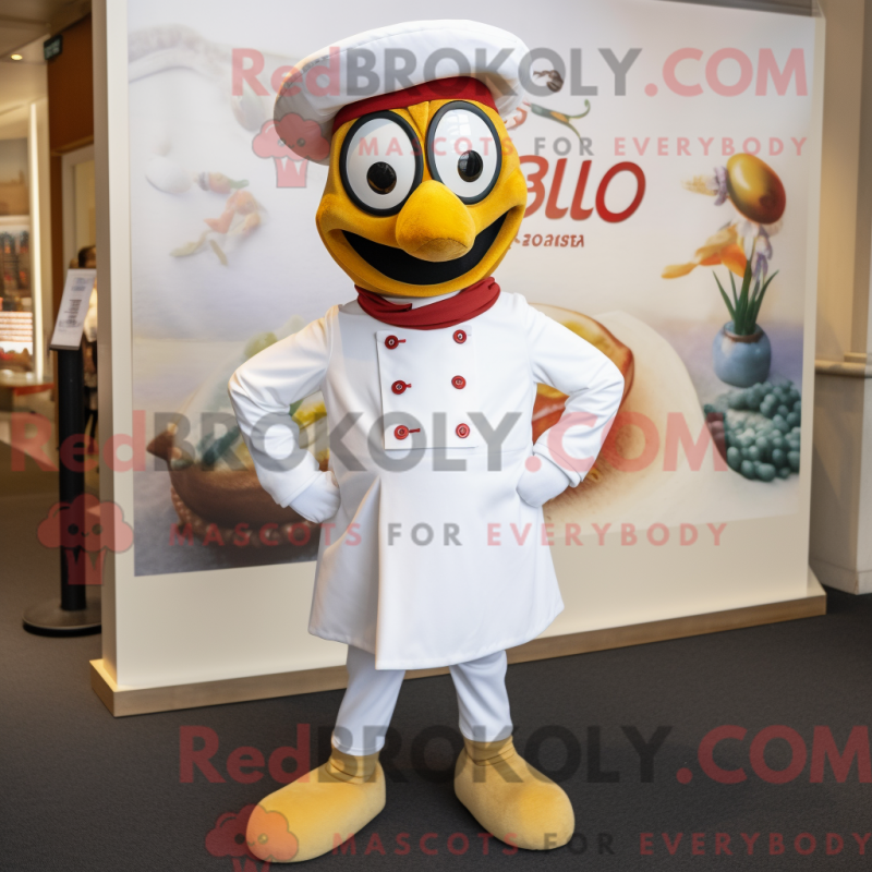 Mascot character of a White Paella dressed with a Chinos and Brooches Mascot character of a White Paella dressed with a Chinos and Brooches