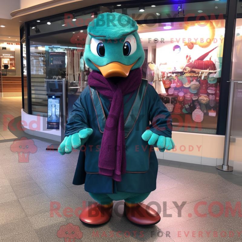 Mascot character of a Teal Plum dressed with a Jacket and Scarves Mascot character of a Teal Plum dressed with a Jacket and Scarves