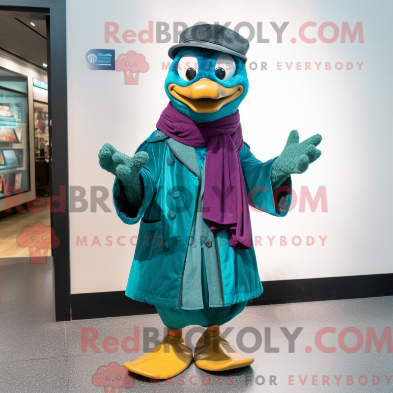 Mascot character of a Teal Plum dressed with a Jacket and Scarves Mascot character of a Teal Plum dressed with a Jacket and Scarves