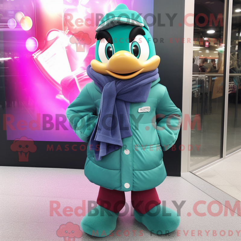 Mascot character of a Teal Plum dressed with a Jacket and Scarves Mascot character of a Teal Plum dressed with a Jacket and Scarves