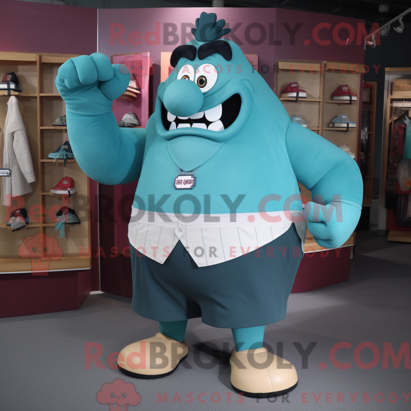 Mascot character of a Teal Strongman dressed with a A-Line Skirt and Ties Mascot character of a Teal Strongman dressed with a A-Line Skirt and Ties