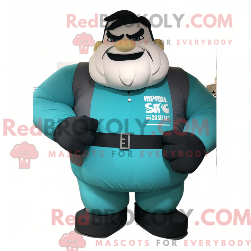 Mascot character of a Teal Strongman dressed with a A-Line Skirt and Ties Mascot character of a Teal Strongman dressed with a A-Line Skirt and Ties