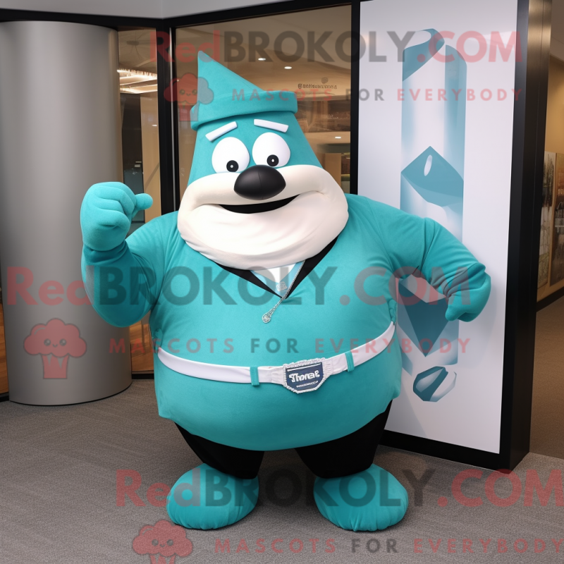 Mascot character of a Teal Strongman dressed with a A-Line Skirt and Ties Mascot character of a Teal Strongman dressed with a A-Line Skirt and Ties