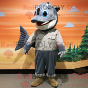Mascot character of a Silver Salmon dressed with a Overalls and Shoe laces