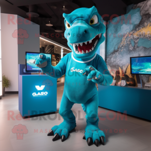 Cyan T Rex mascot costume character dressed with a Graphic Tee and Watches