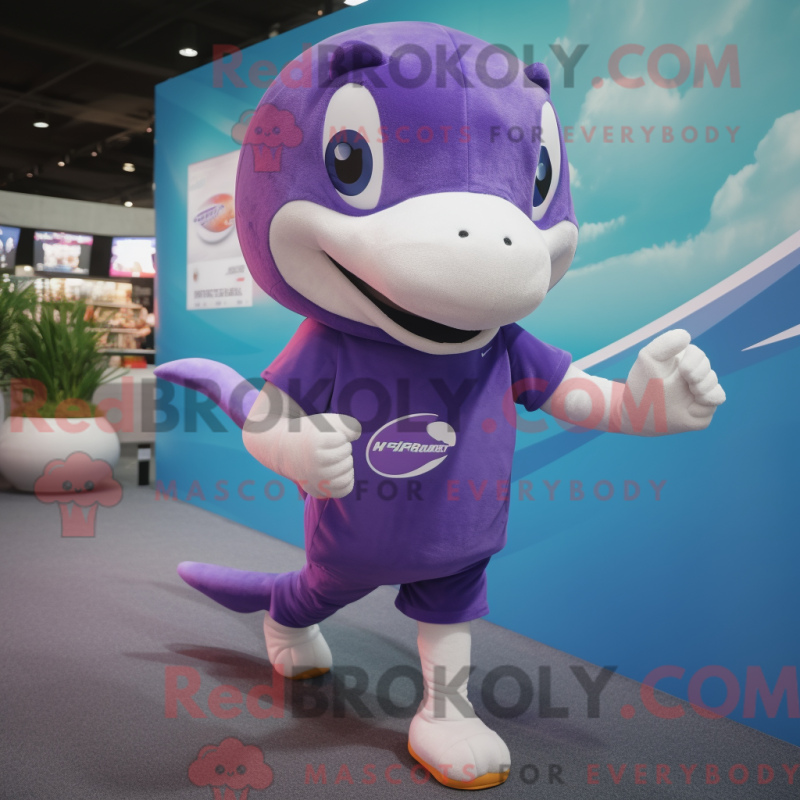 Mascot character of a Purple Dolphin dressed with a Running Shorts and Headbands Mascot character of a Purple Dolphin dressed with a Running Shorts and Headbands