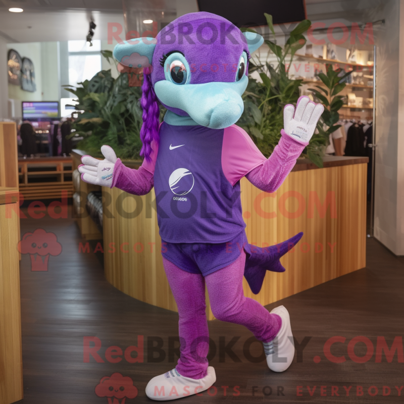 Mascot character of a Purple Dolphin dressed with a Running Shorts and Headbands Mascot character of a Purple Dolphin dressed with a Running Shorts and Headbands