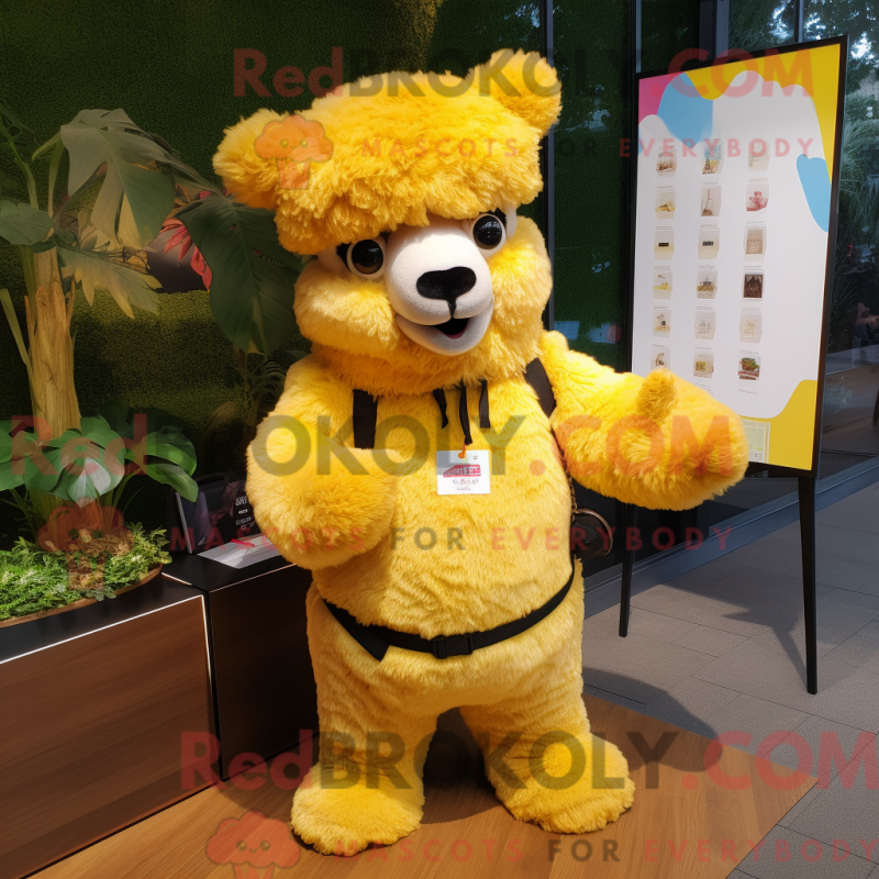 Mascot character of a Yellow Alpaca dressed with a Cargo Shorts and Wraps Mascot character of a Yellow Alpaca dressed with a Cargo Shorts and Wraps