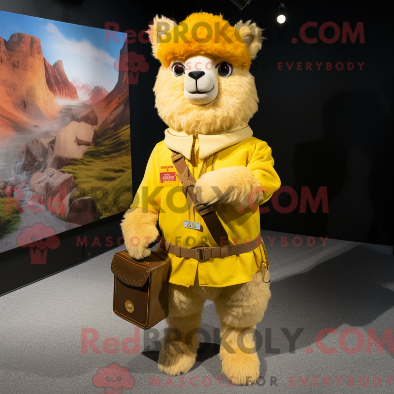 Mascot character of a Yellow Alpaca dressed with a Cargo Shorts and Wraps Mascot character of a Yellow Alpaca dressed with a Cargo Shorts and Wraps
