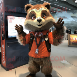 Rust Raccoon mascot costume character dressed with a Jacket and Hair clips