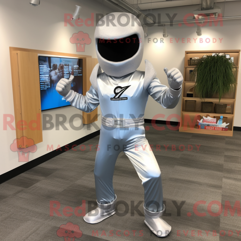 Mascot character of a Silver Ninja dressed with a Flare Jeans and Ties Mascot character of a Silver Ninja dressed with a Flare Jeans and Ties