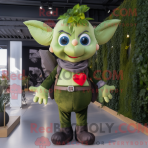 Mascot character of a Olive Cupid dressed with a Jeans and Suspenders