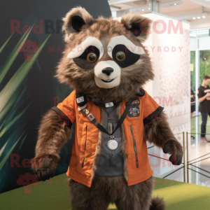 Rust Raccoon mascot costume character dressed with a Jacket and Hair clips