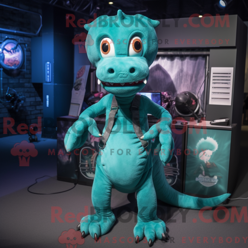 Mascot character of a Teal Hydra dressed with a Overalls and Wraps Mascot character of a Teal Hydra dressed with a Overalls and Wraps
