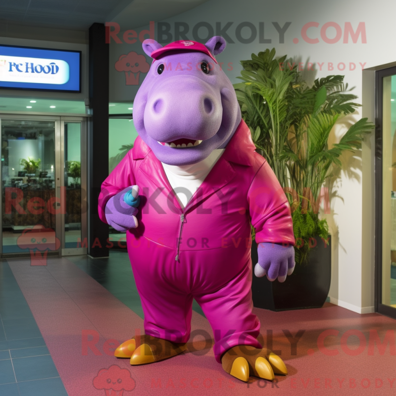 Mascot character of a Magenta Hippopotamus dressed with a Bermuda Shorts and Belts Mascot character of a Magenta Hippopotamus dressed with a Bermuda Shorts and Belts