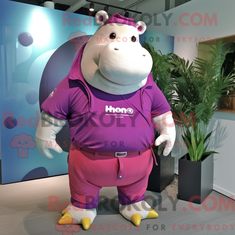 Mascot character of a Magenta Hippopotamus dressed with a Bermuda Shorts and Belts Mascot character of a Magenta Hippopotamus dressed with a Bermuda Shorts and Belts