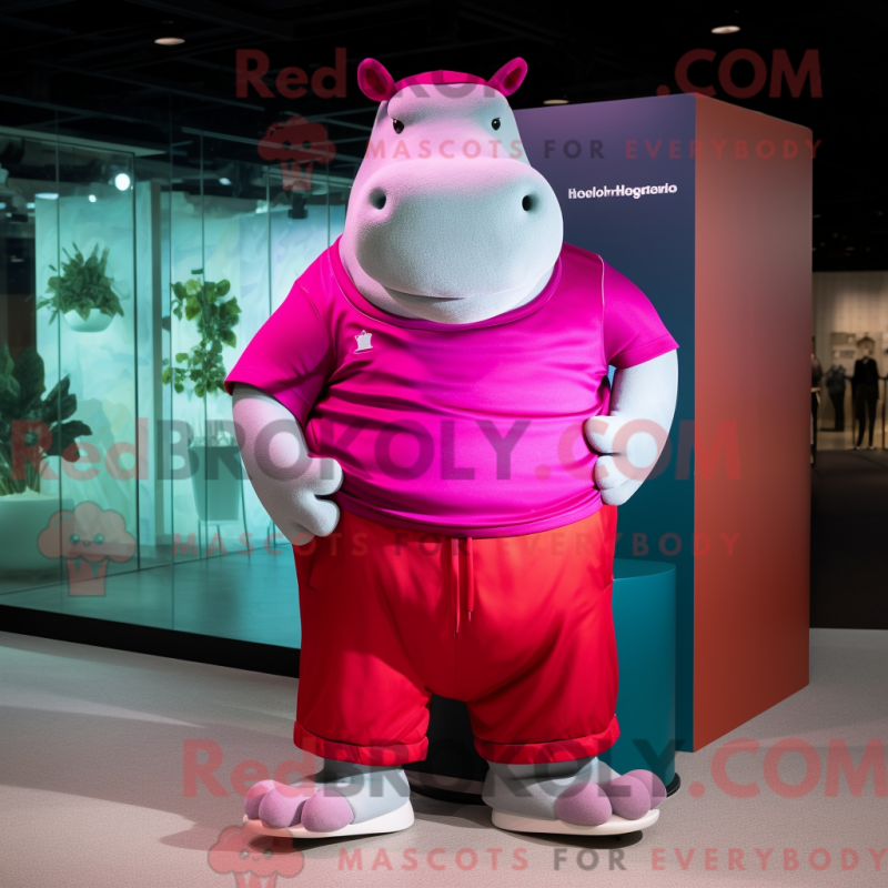 Mascot character of a Magenta Hippopotamus dressed with a Bermuda Shorts and Belts Mascot character of a Magenta Hippopotamus dressed with a Bermuda Shorts and Belts