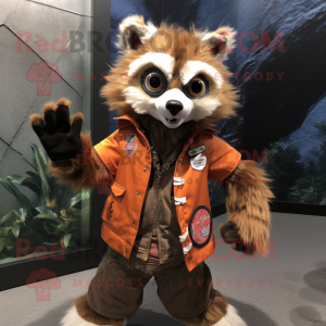 Rust Raccoon mascot costume character dressed with a Jacket and Hair clips