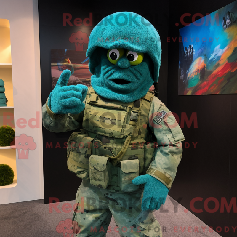 Mascot character of a Turquoise Green Beret dressed with a Cover-up and Foot pads Mascot character of a Turquoise Green Beret dressed with a Cover-up and Foot pads