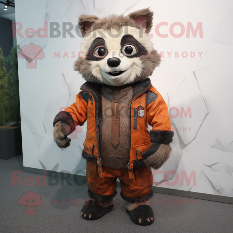 Rust Raccoon mascot costume character dressed with a Jacket and Hair clips