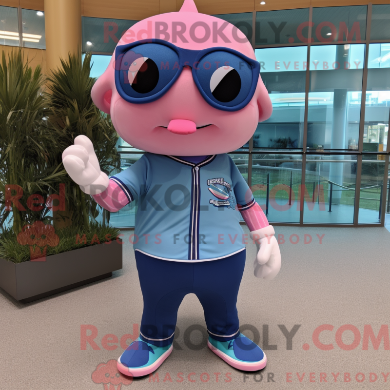 Mascot character of a Pink Blue Whale dressed with a Baseball Tee and Sunglasses Mascot character of a Pink Blue Whale dressed with a Baseball Tee and Sunglasses