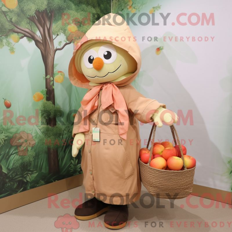 Mascot character of a Peach Scarecrow dressed with a Parka and Tote bags Mascot character of a Peach Scarecrow dressed with a Parka and Tote bags